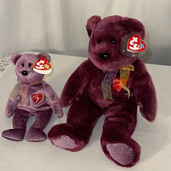 TY Signature Bear 2000 Beanie Baby & Beanie Buddy Set – Millennium Burgundy Plus - Picture 10 of 10